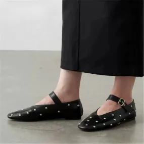 2024 Women's Genuine Leather Mary Jane Flats - Stylish, Comfortable, Rivet Accents, Buckle Detailing.