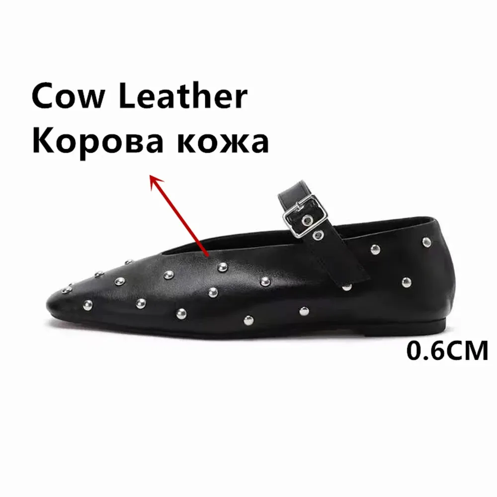 2024 Women's Genuine Leather Mary Jane Flats - Stylish, Comfortable, Rivet Accents, Buckle Detailing.