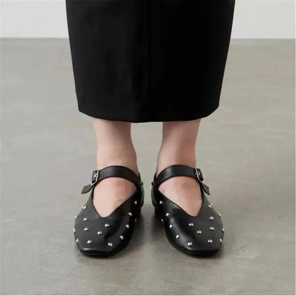 2024 Women's Genuine Leather Mary Jane Flats - Stylish, Comfortable, Rivet Accents, Buckle Detailing.