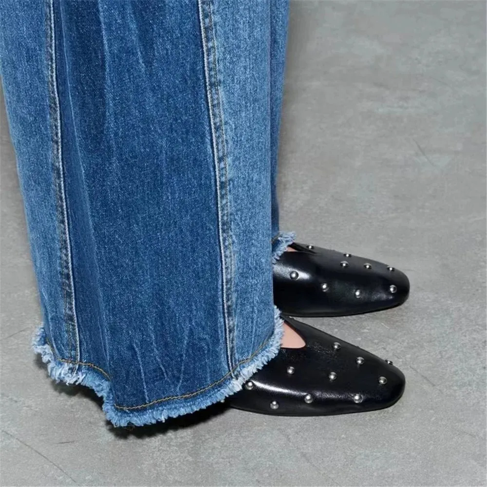 2024 Women's Genuine Leather Mary Jane Flats - Stylish, Comfortable, Rivet Accents, Buckle Detailing.