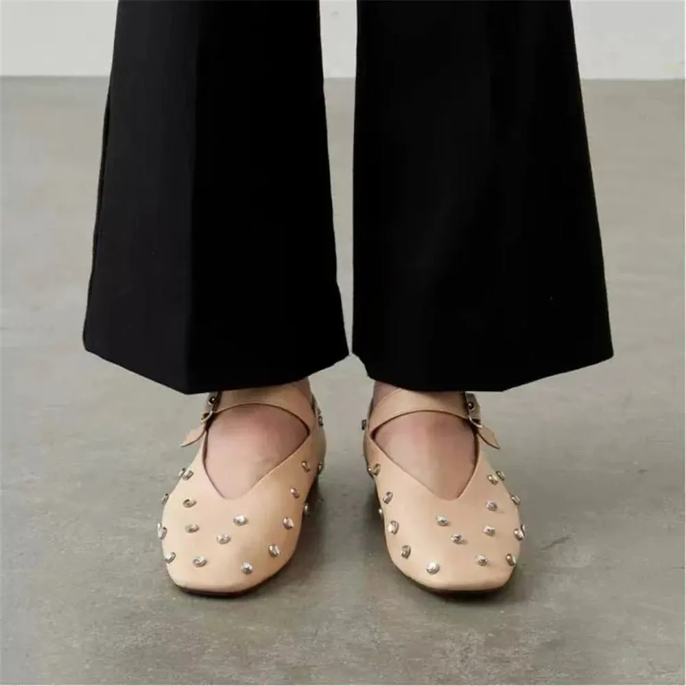 2024 Women's Genuine Leather Mary Jane Flats - Stylish, Comfortable, Rivet Accents, Buckle Detailing.