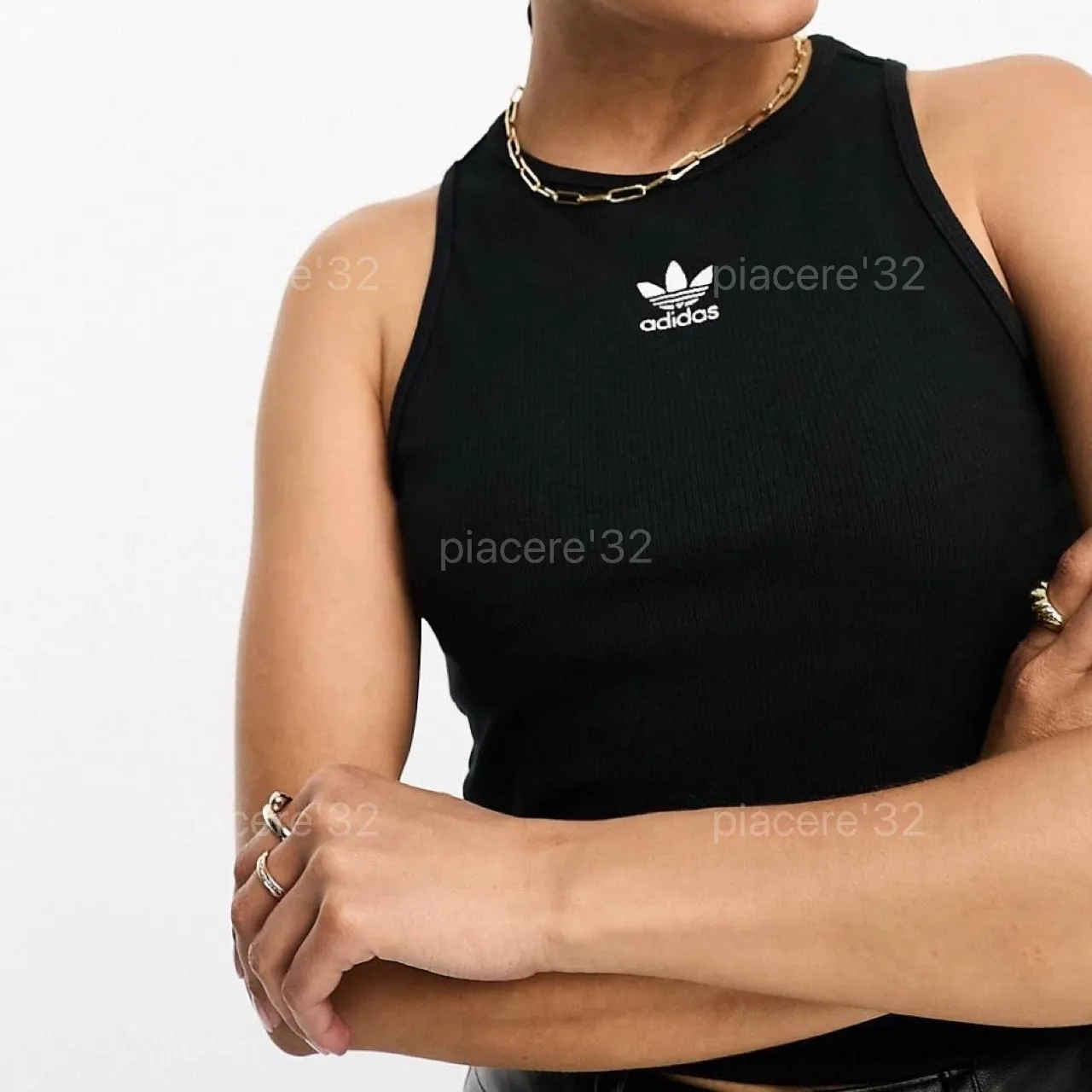 adidas Crew Neck Ribbed Plain Cotton Logo Tanks & Camisoles