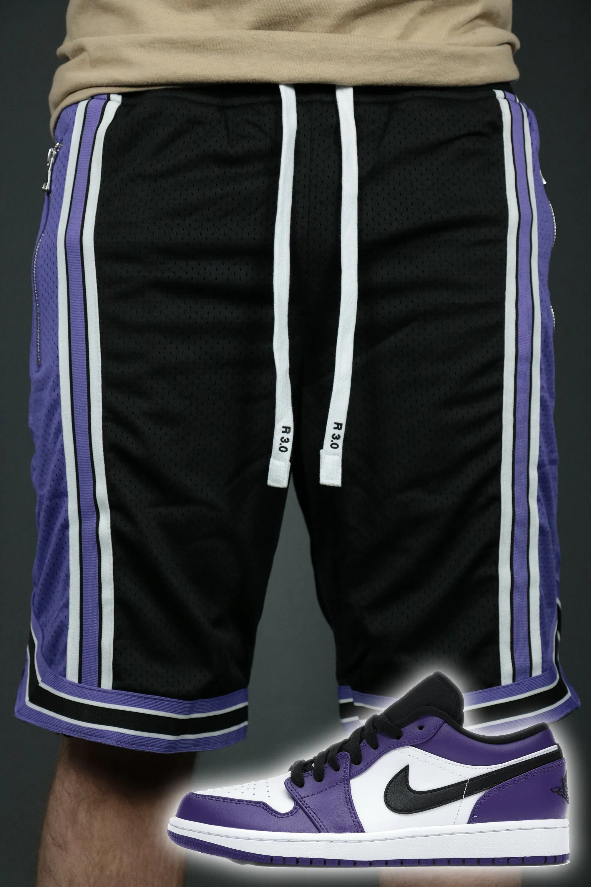 Air Jordan 1 Low Court Purple Black Purple Sacramento Zipper Shorts - Men's Mesh Basketball Shorts with Zipper Pockets