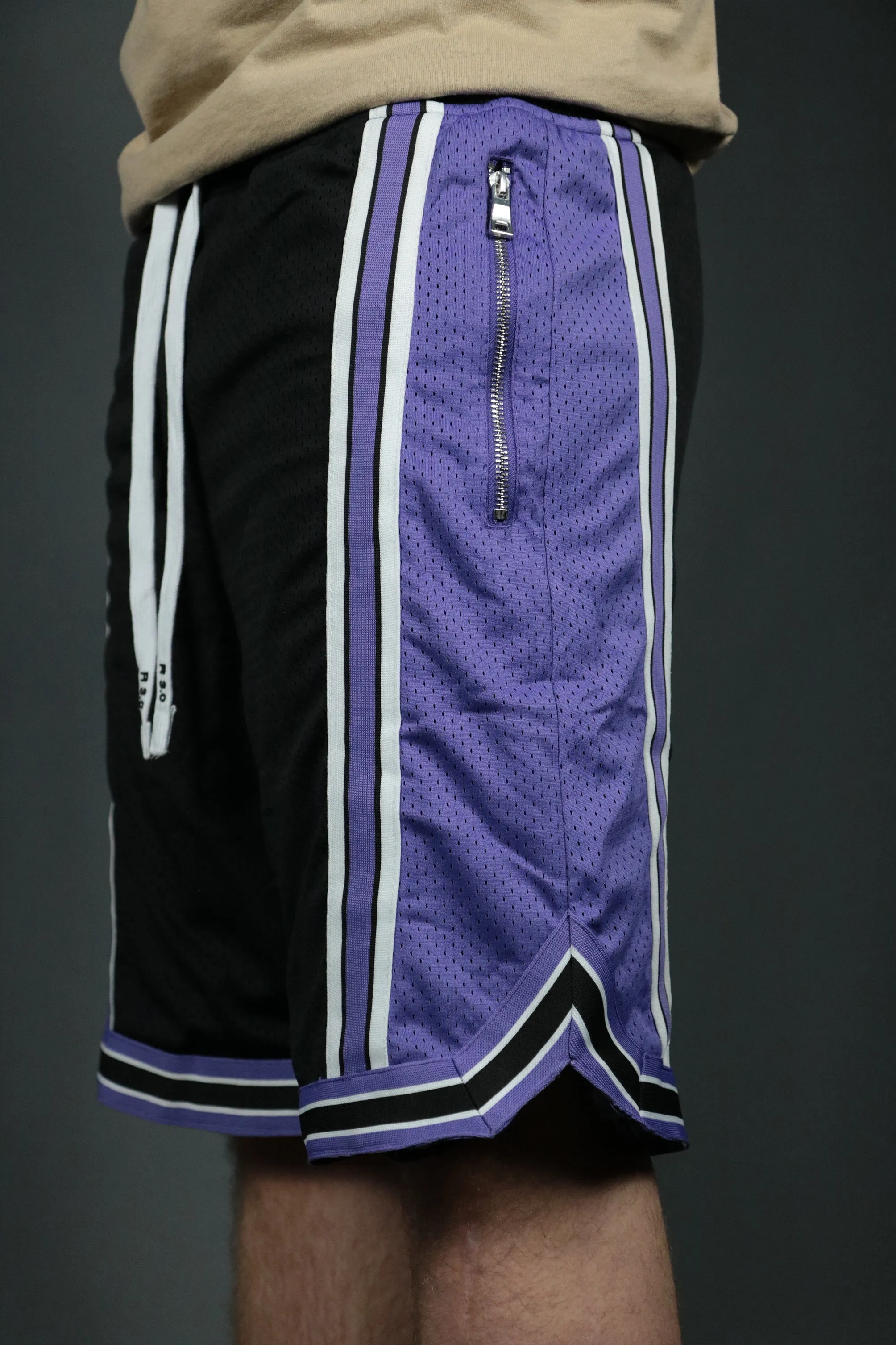 Air Jordan 1 Low Court Purple Black Purple Sacramento Zipper Shorts - Men's Mesh Basketball Shorts with Zipper Pockets