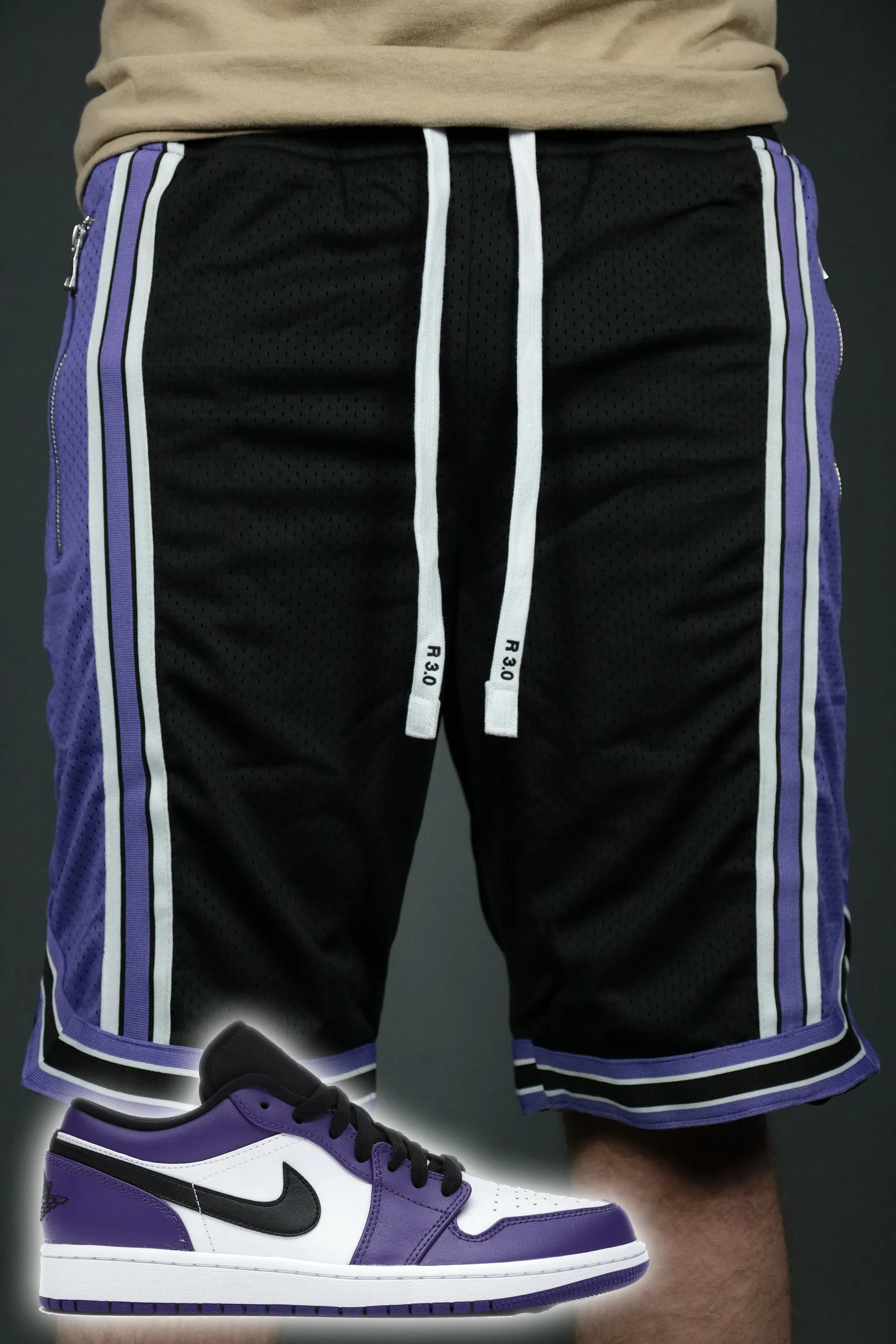 Air Jordan 1 Low Court Purple Black Purple Sacramento Zipper Shorts - Men's Mesh Basketball Shorts with Zipper Pockets