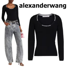 Alexander Wang V-neck and crew neck nylon rib long sleeve logo shirt.