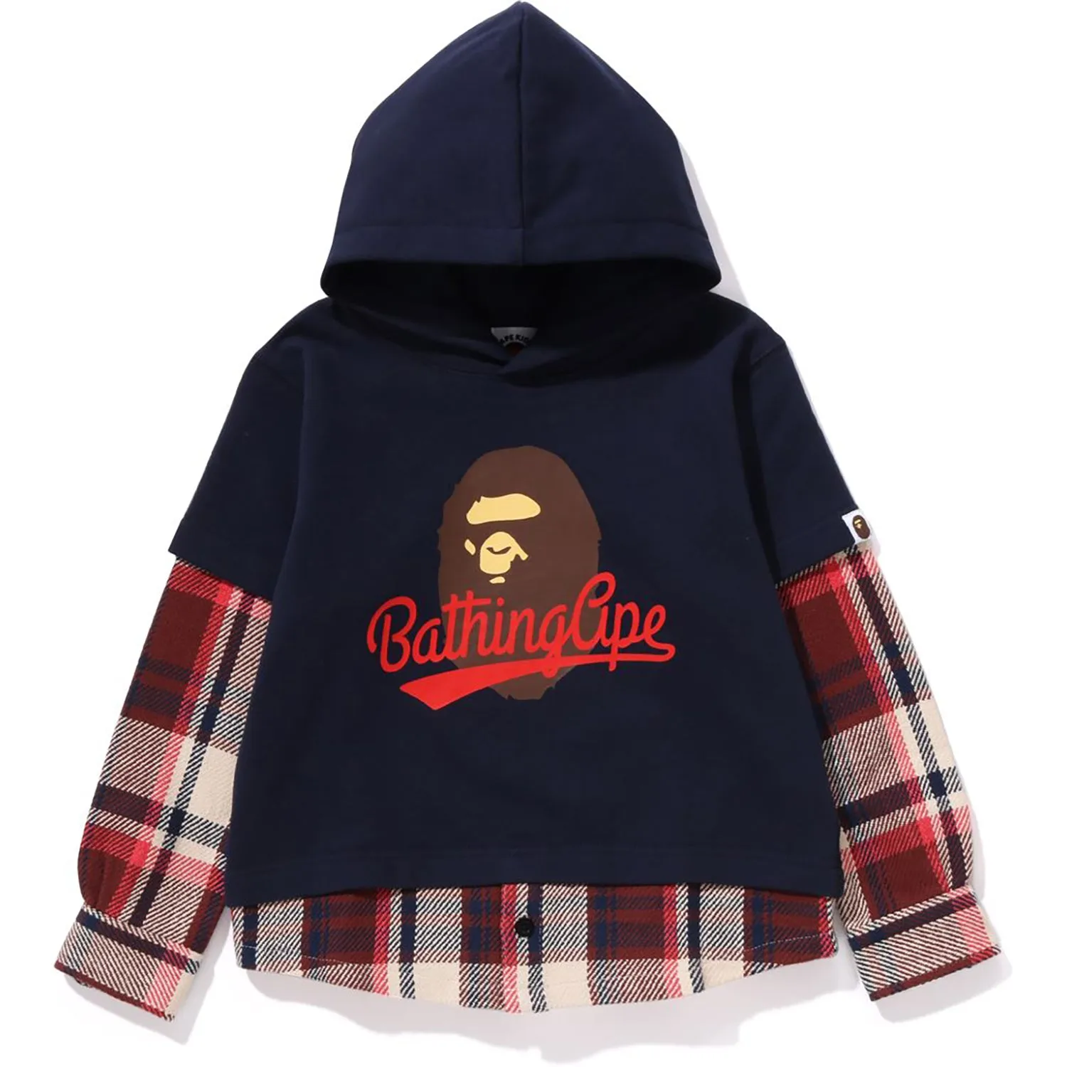 BAPE kids pullover hoodie with layered check shirt from Bathing Ape