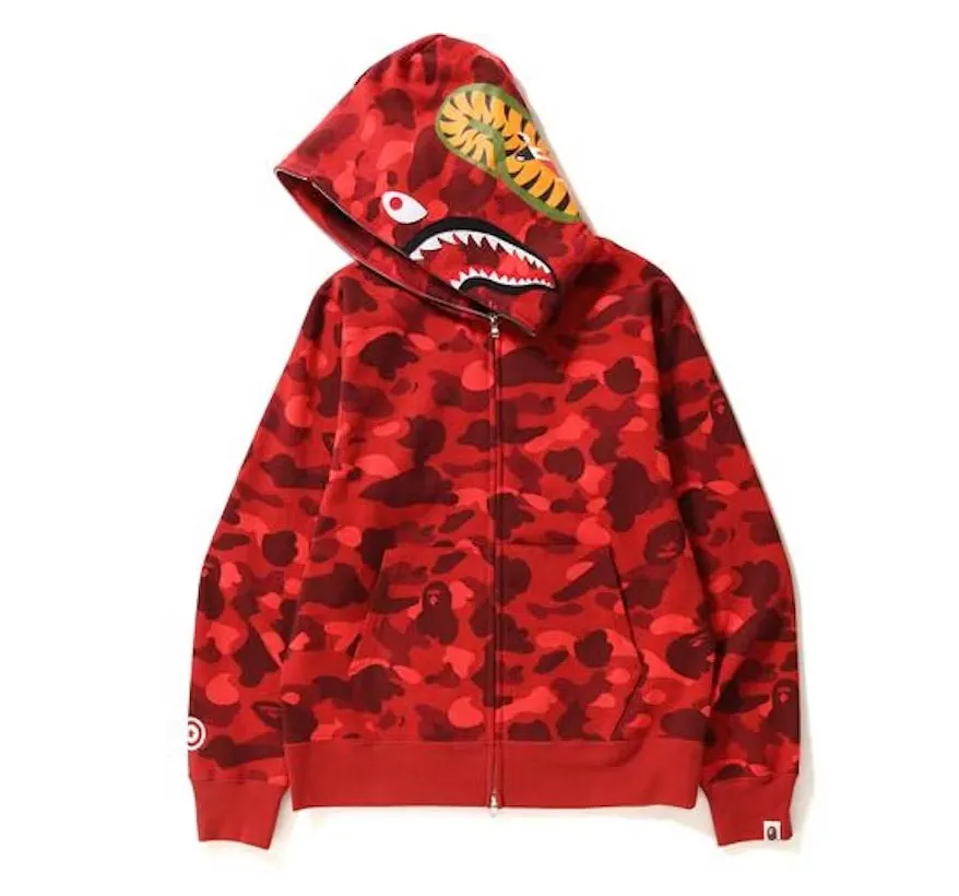 BAPE Red Color Camo Shark Hoodie with Full Zip