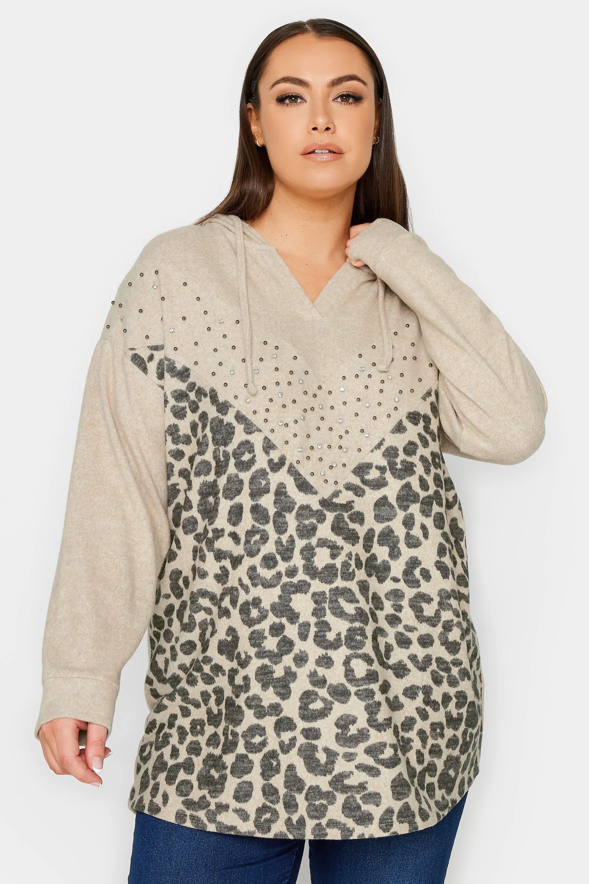 Beige Brown Leopard Print Stud Hoodie - Shop the Curve Collection at YOURS