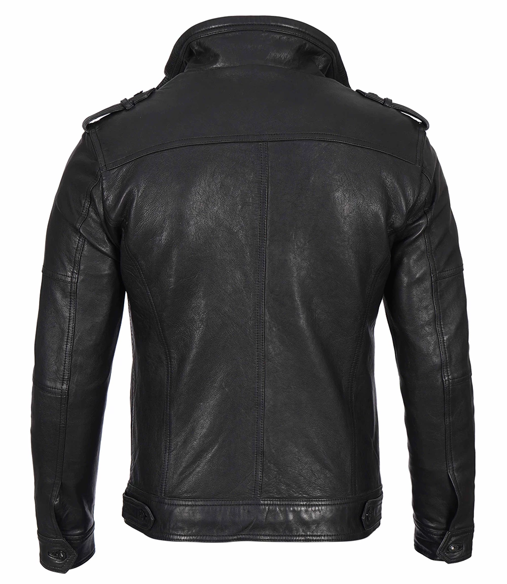 Black Men's Waxed Cafe Racer Leather Jacket