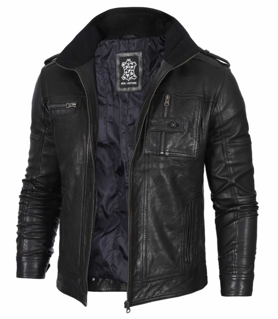 Black Men's Waxed Cafe Racer Leather Jacket