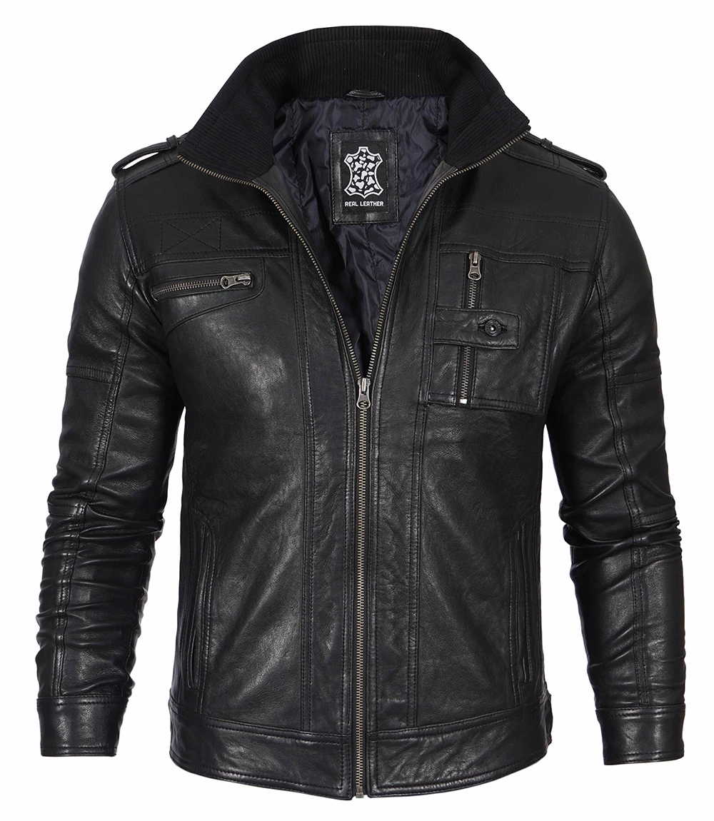 Black Men's Waxed Cafe Racer Leather Jacket