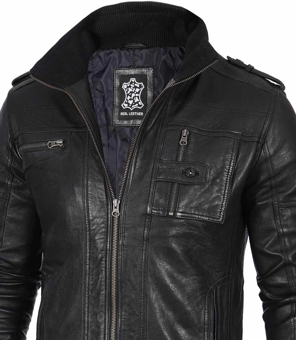 Black Men's Waxed Cafe Racer Leather Jacket