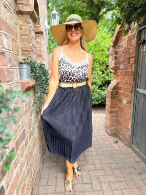 Black Pleated Stripe Belted Skirt