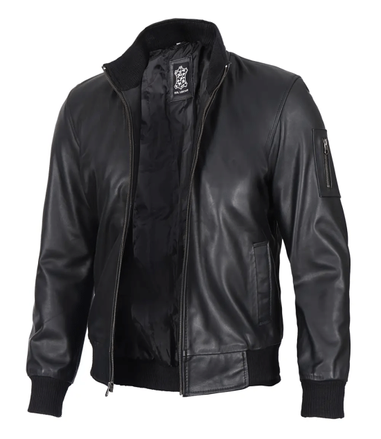 Black Real Cowhide Leather Bomber Jacket Men's