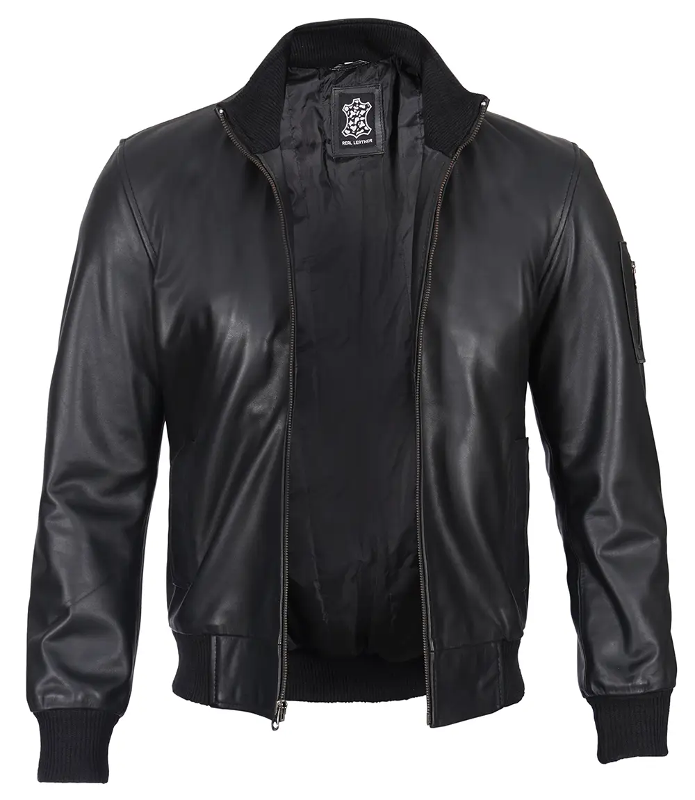 Black Real Cowhide Leather Bomber Jacket Men's