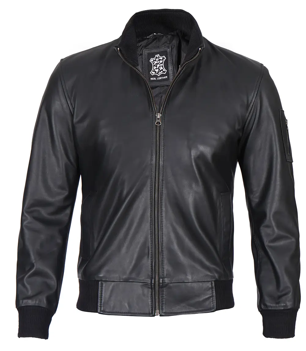 Black Real Cowhide Leather Bomber Jacket Men's