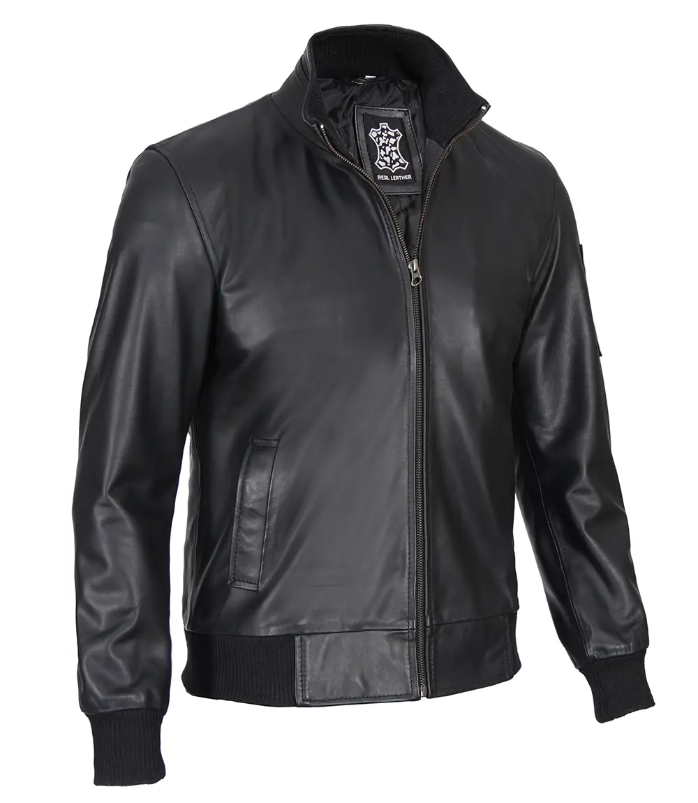 Black Real Cowhide Leather Bomber Jacket Men's