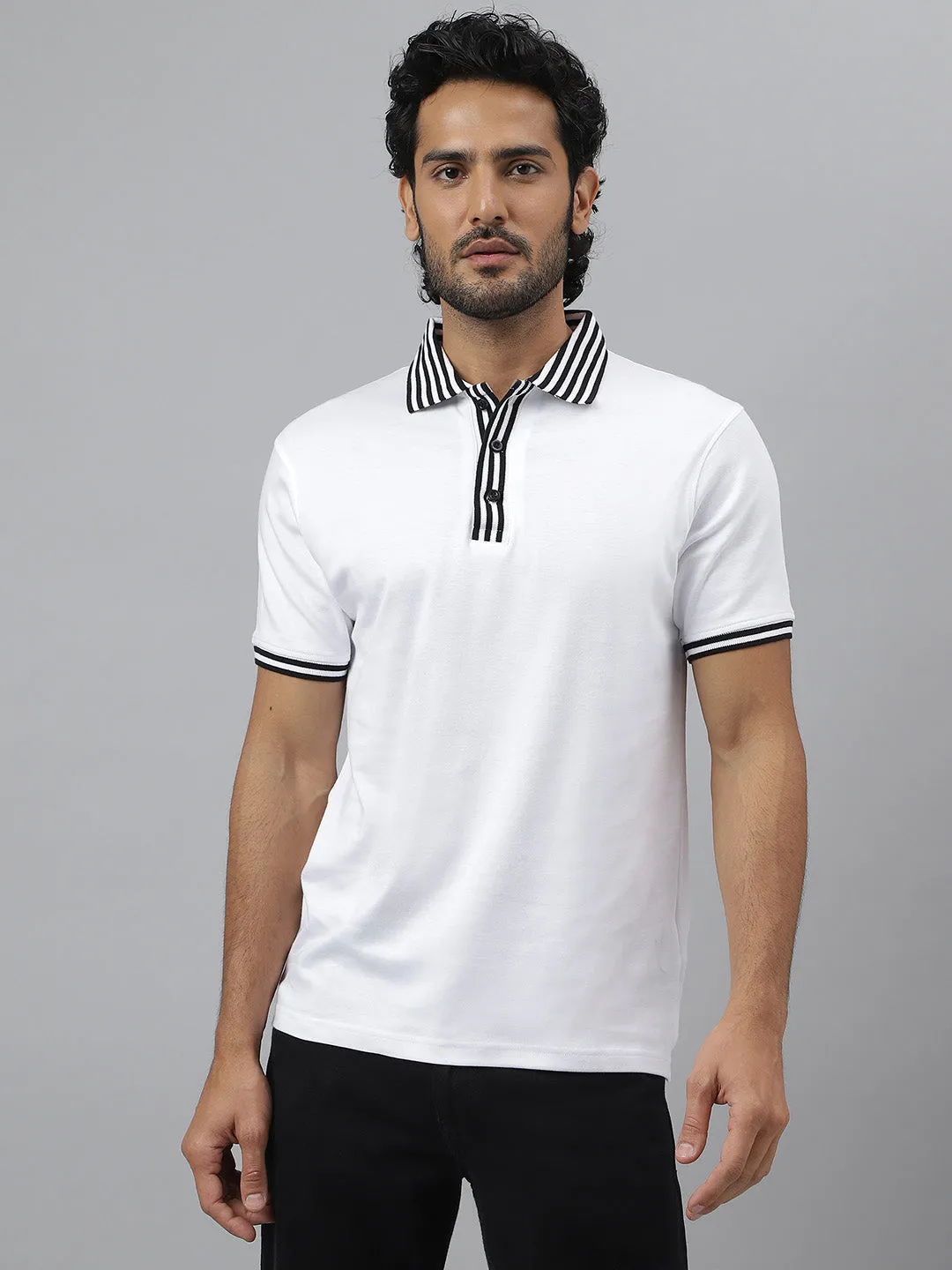 Black Striped Collar White Polo - Piano