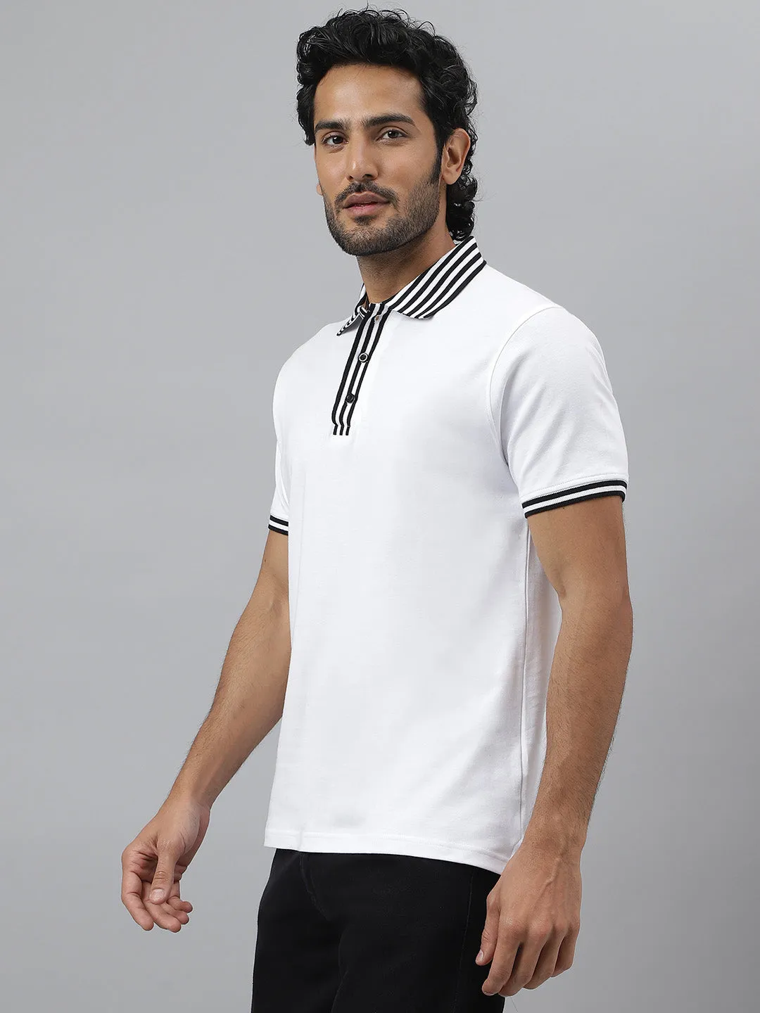 Black Striped Collar White Polo - Piano