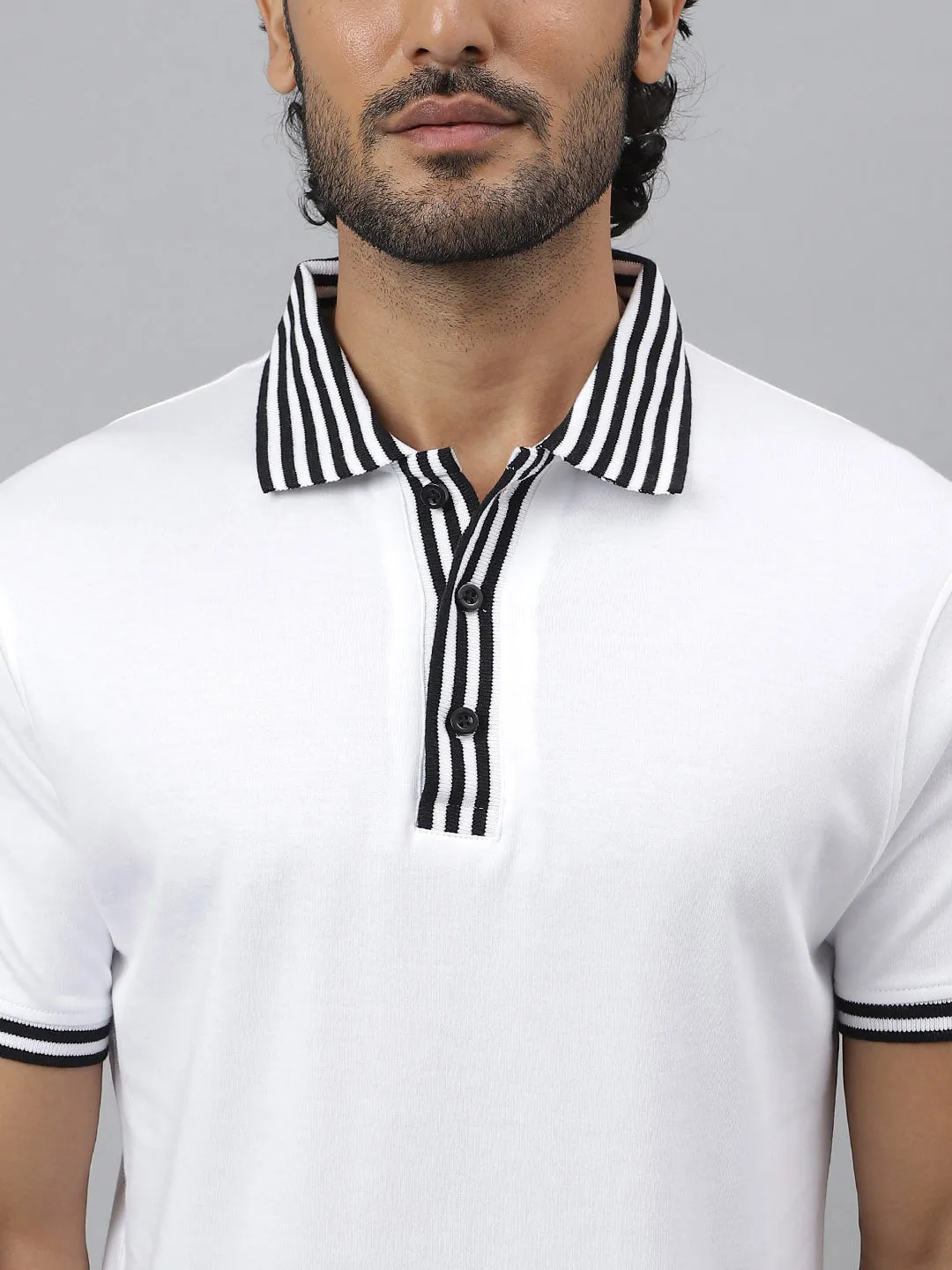 Black Striped Collar White Polo - Piano