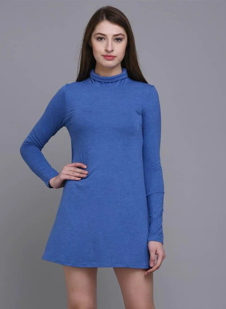 Blue A-Line Dress with Turtle Neck