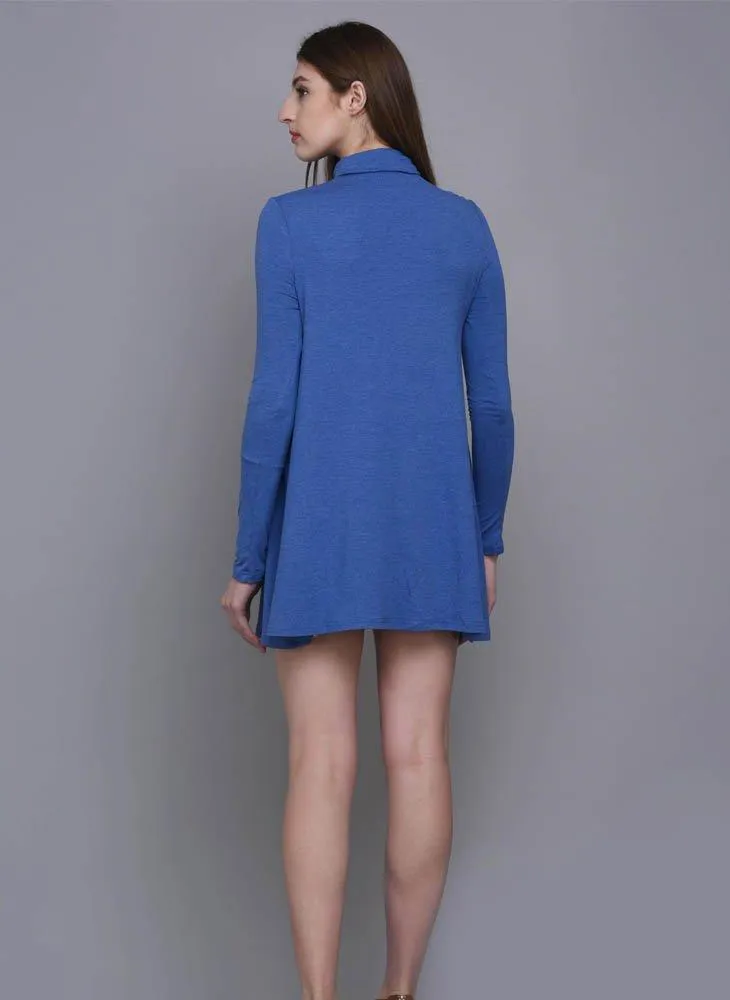 Blue A-Line Dress with Turtle Neck