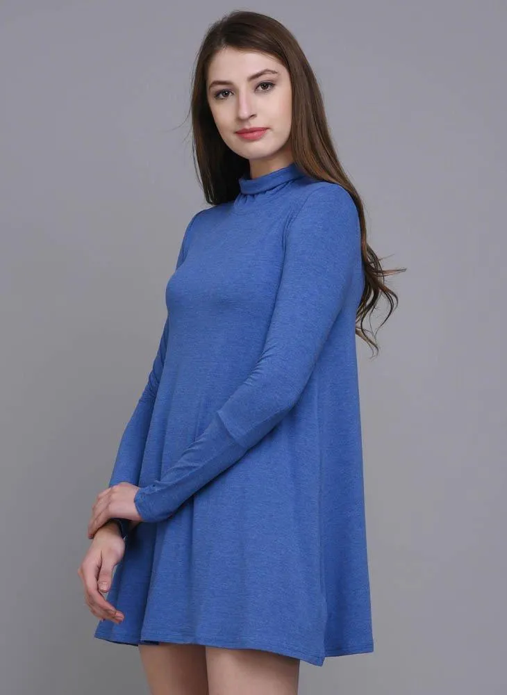 Blue A-Line Dress with Turtle Neck