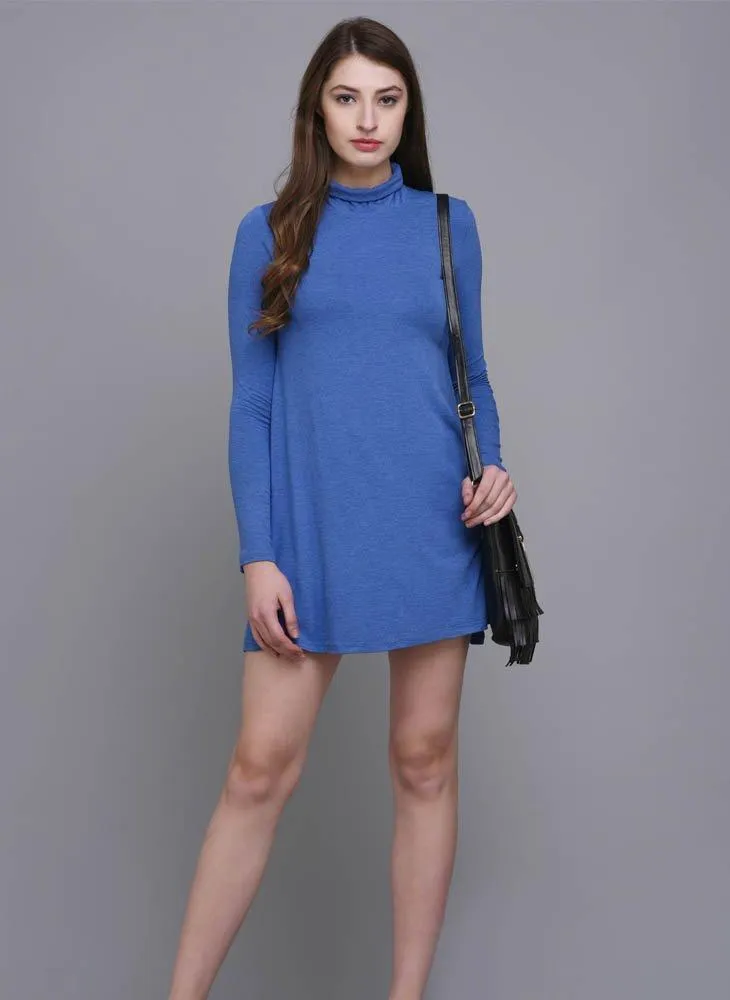 Blue A-Line Dress with Turtle Neck