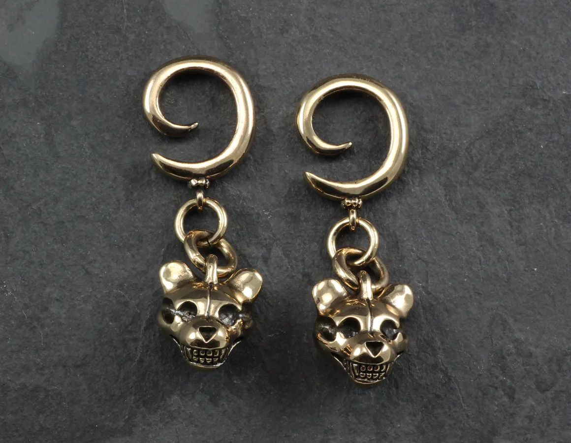 Bronze Spiral Earrings - Teddy Bear Skull Design