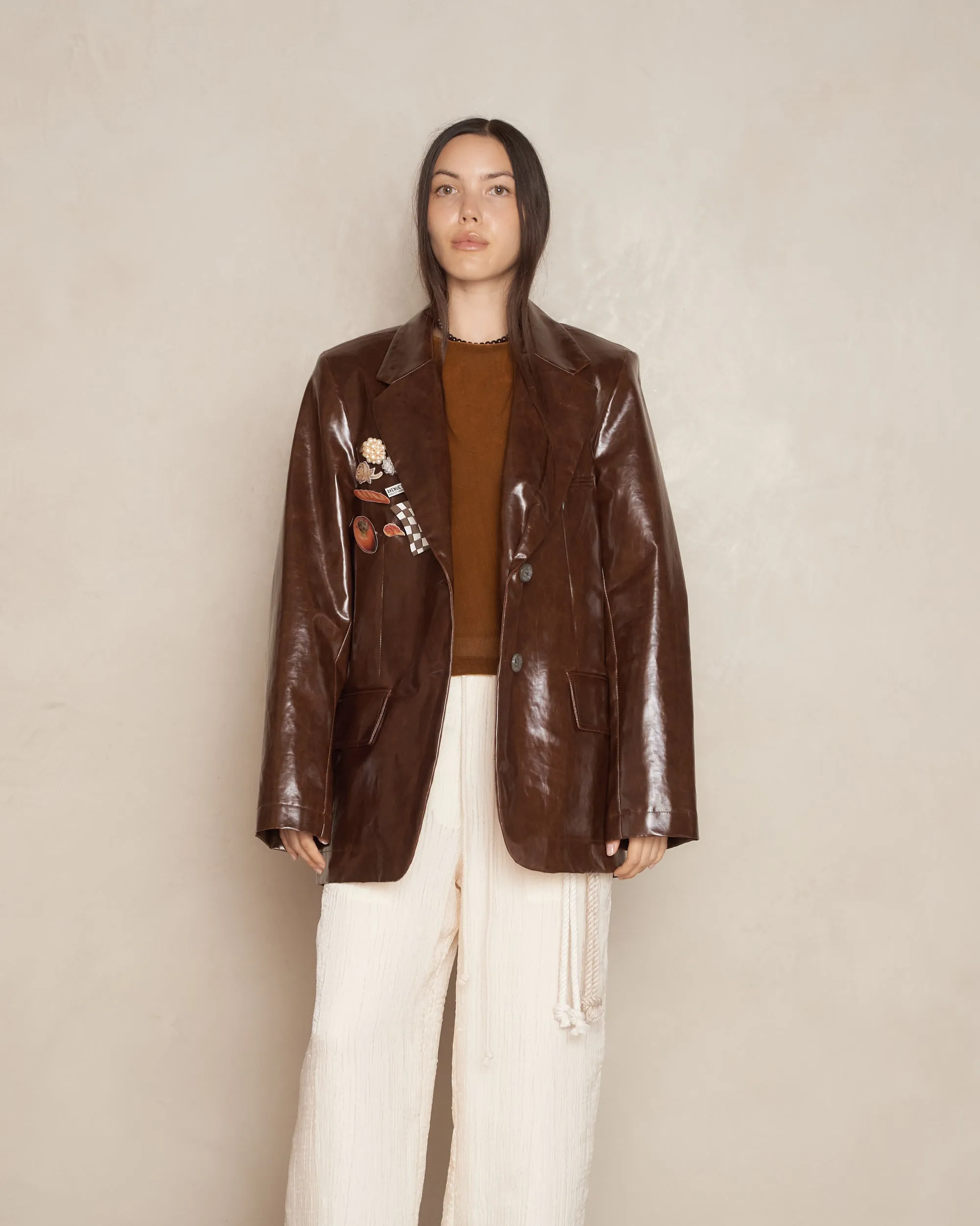 Brown Oversized Coated Cotton Blazer