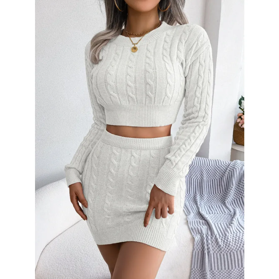 Cable-Knit Round Neck Top and Skirt Sweater Set