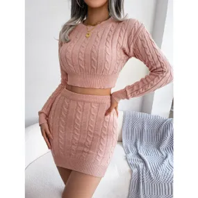 Cable-Knit Round Neck Top and Skirt Sweater Set