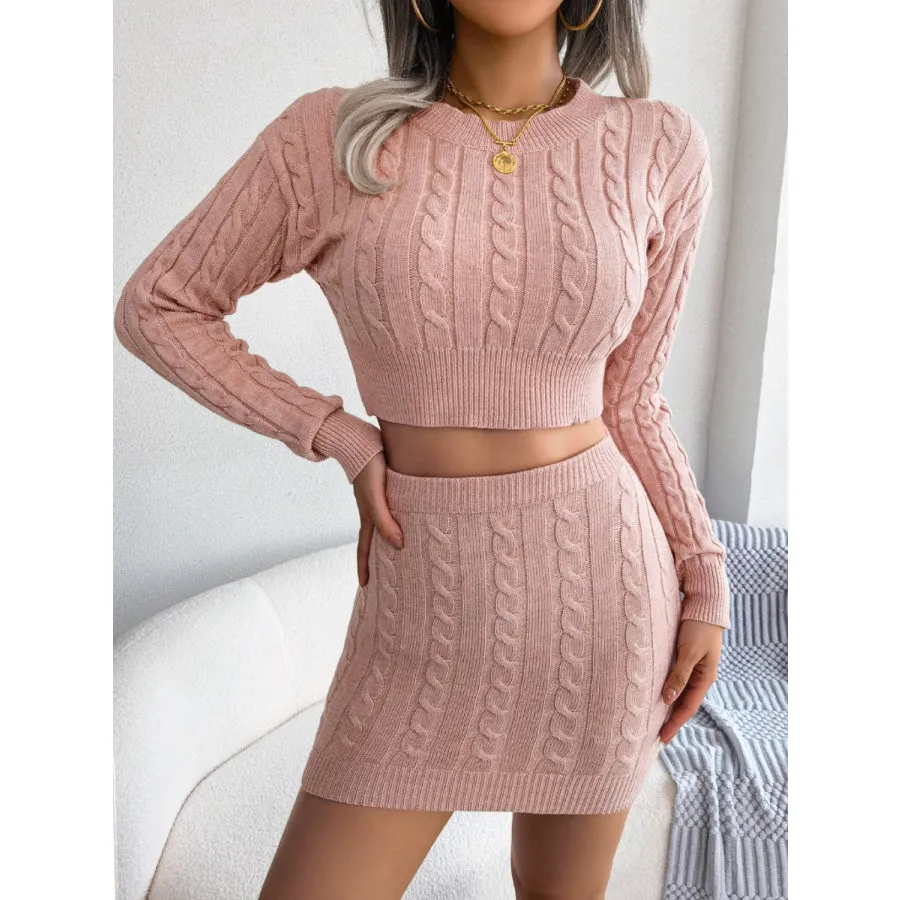 Cable-Knit Round Neck Top and Skirt Sweater Set