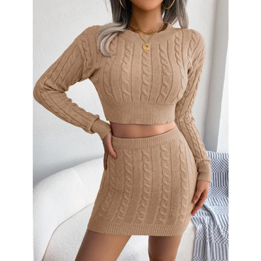 Cable-Knit Round Neck Top and Skirt Sweater Set