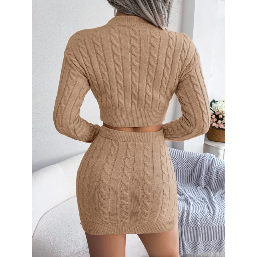 Cable-Knit Round Neck Top and Skirt Sweater Set