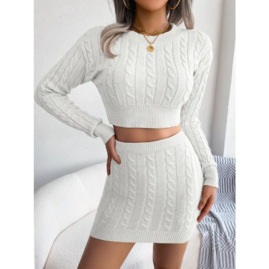 Cable-Knit Round Neck Top and Skirt Sweater Set