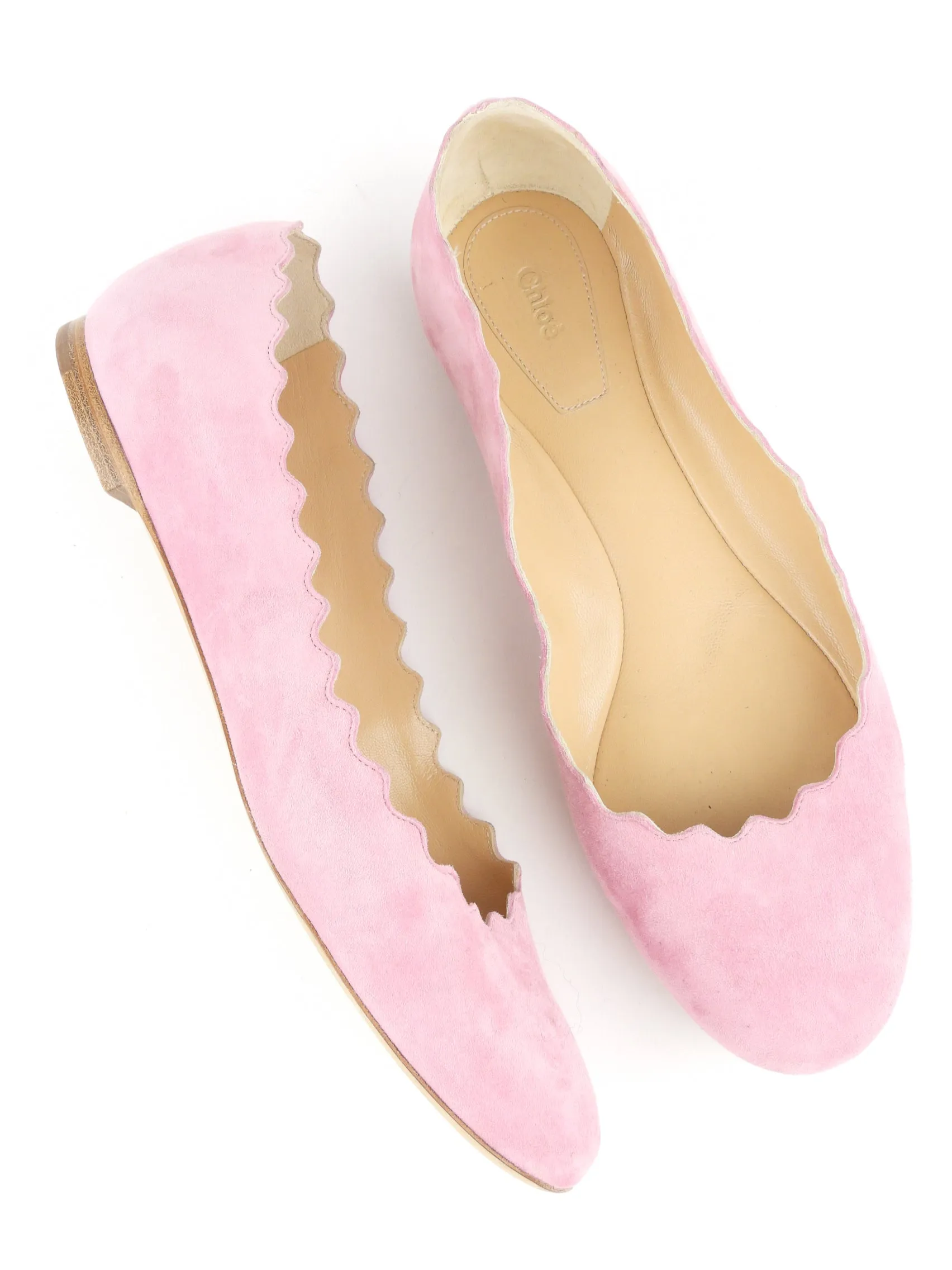 Chloe Pink Suede Leather Scalloped Edge Lauren Ballet Flats - Size 37