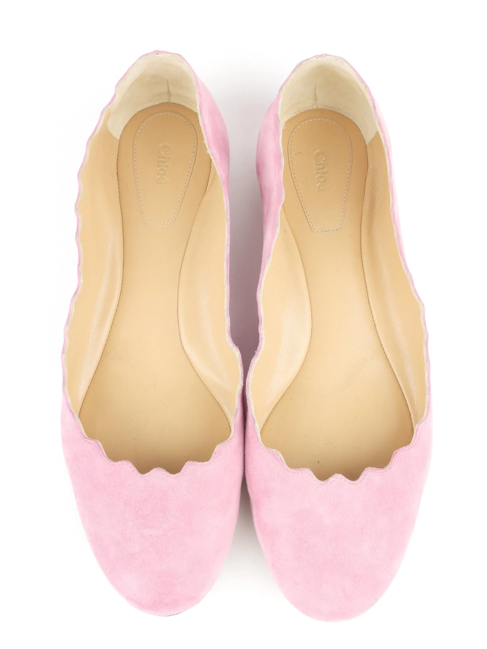 Chloe Pink Suede Leather Scalloped Edge Lauren Ballet Flats - Size 37