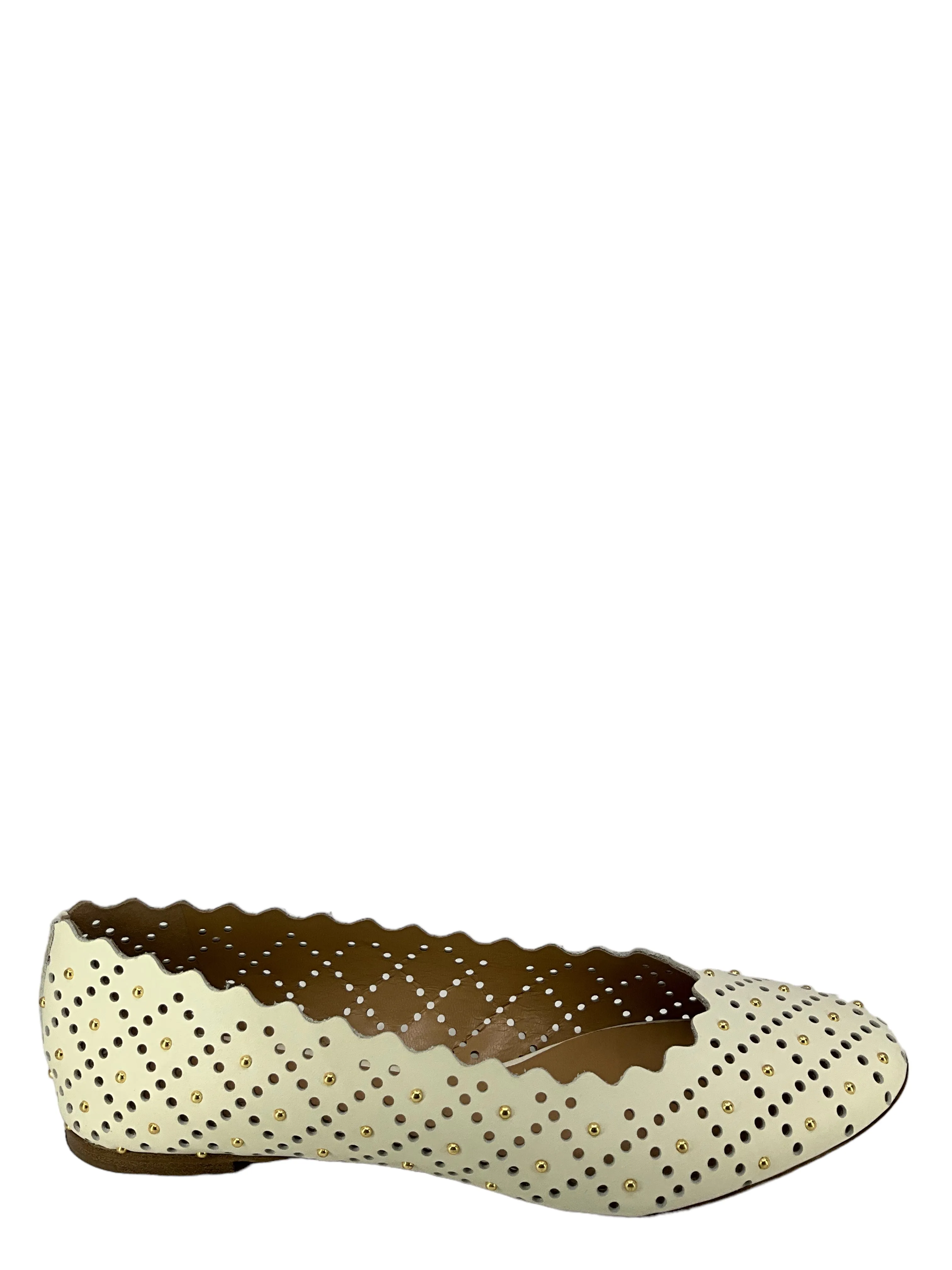 Chloe White Laser-cut Studded Leather Flats, Size 11, Women's Shoes