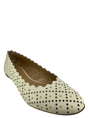 Chloe White Laser-cut Studded Leather Flats, Size 11, Women's Shoes