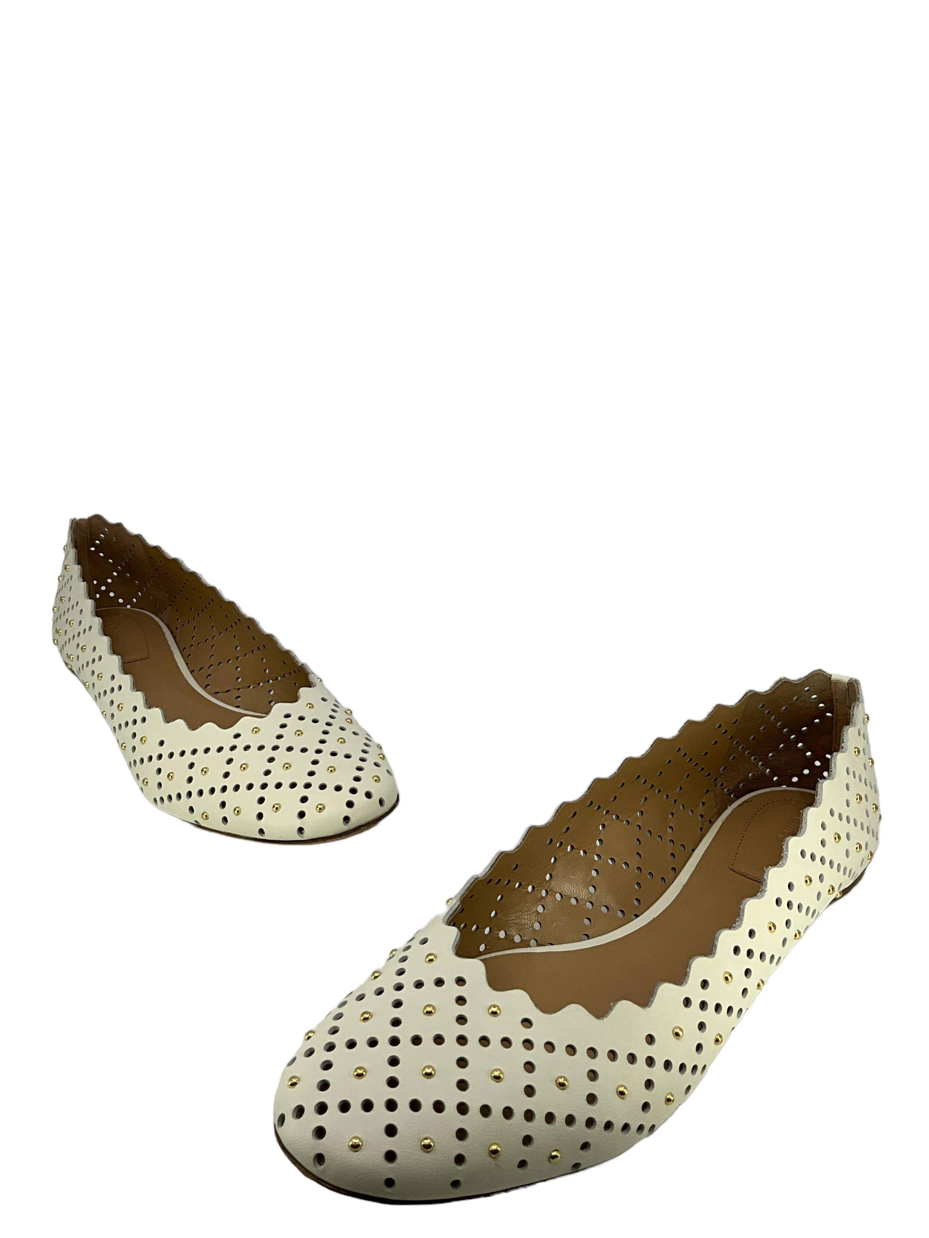 Chloe White Laser-cut Studded Leather Flats, Size 11, Women's Shoes