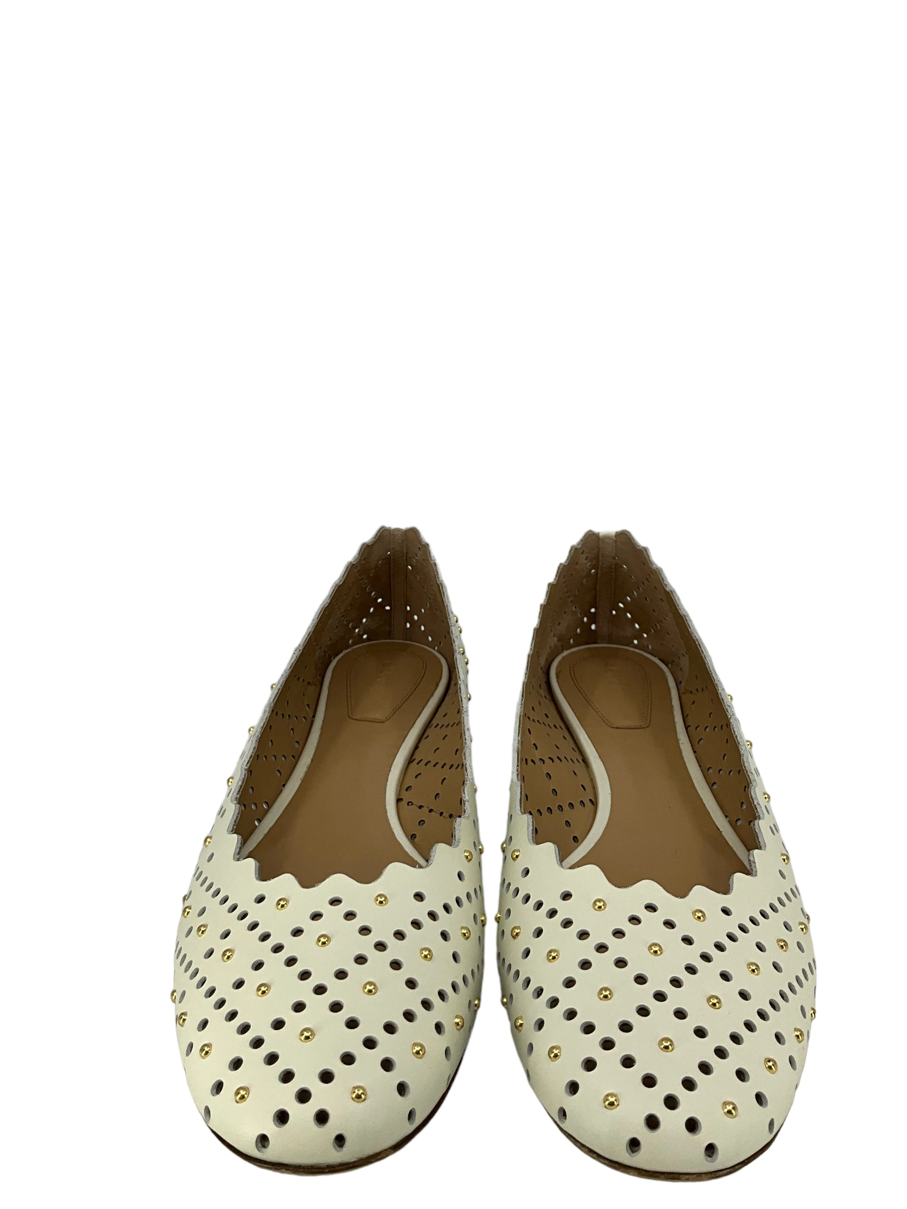 Chloe White Laser-cut Studded Leather Flats, Size 11, Women's Shoes