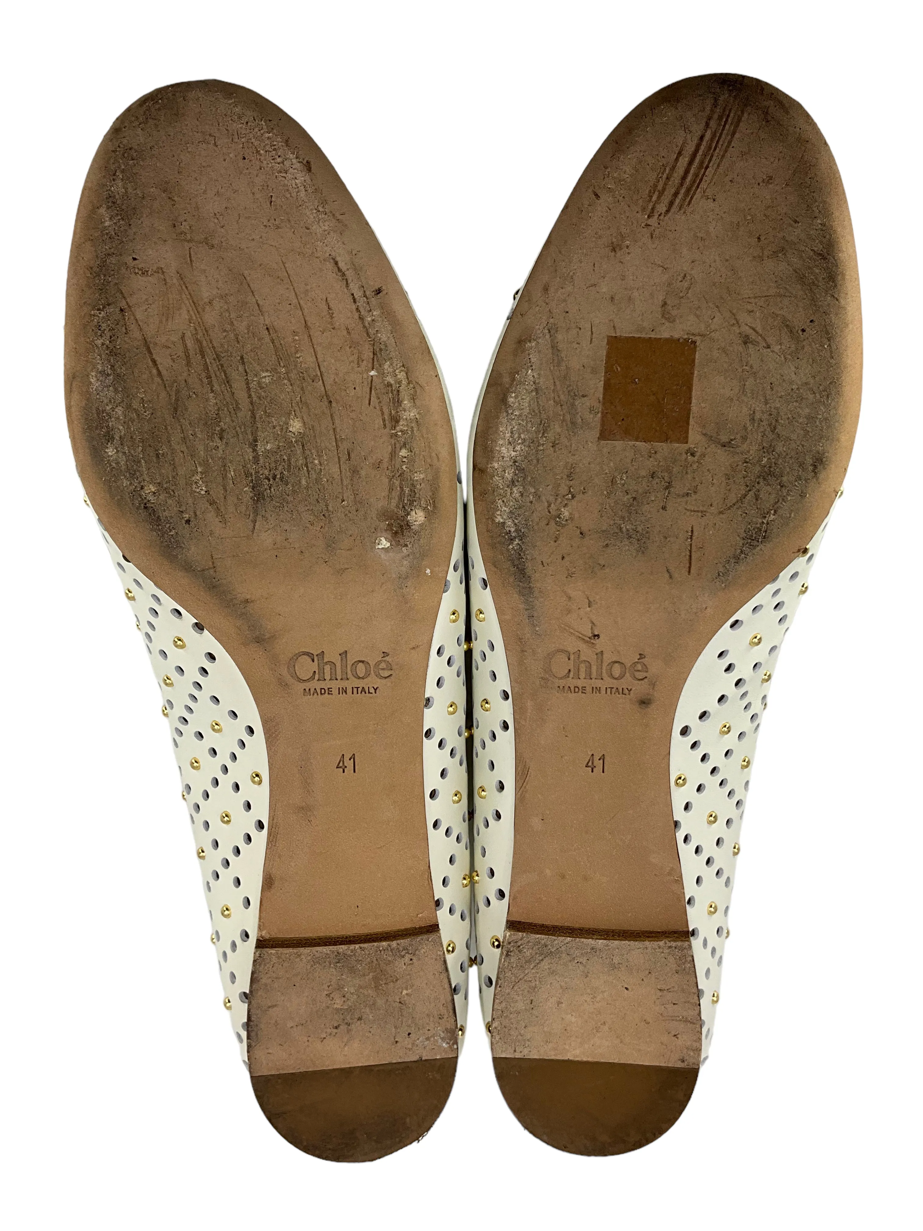 Chloe White Laser-cut Studded Leather Flats, Size 11, Women's Shoes