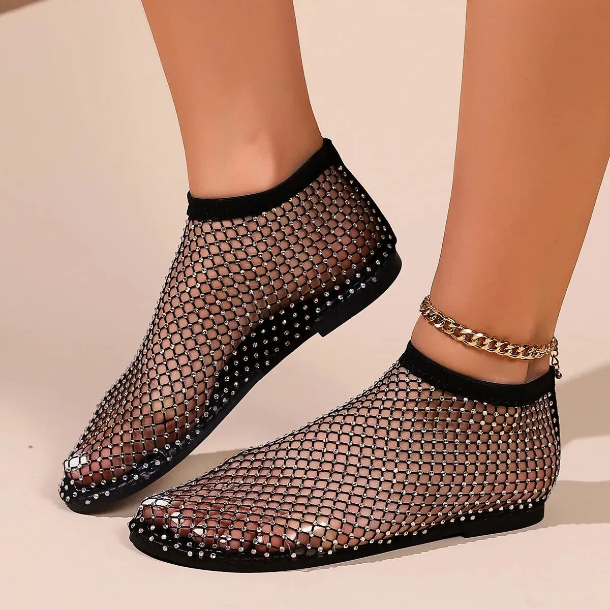 Crystal Mesh Ballet Flats with Embellishments