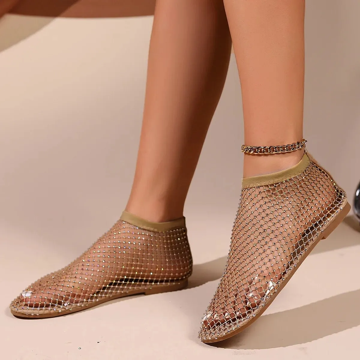 Crystal Mesh Ballet Flats with Embellishments