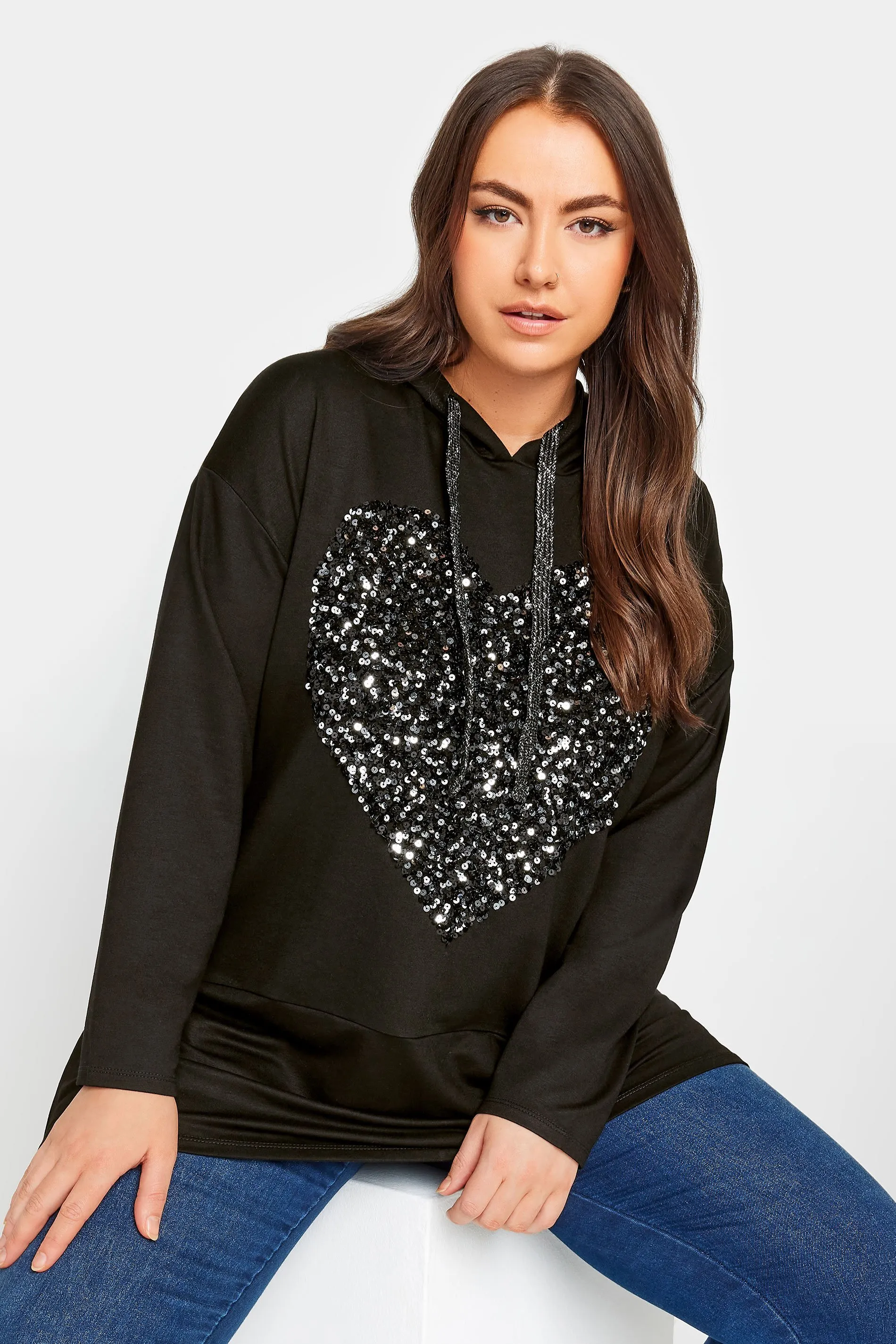 Curve Black Sequin Embellished Heart Longline Hoodie by YOURS