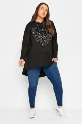 Curve Black Sequin Embellished Heart Longline Hoodie by YOURS