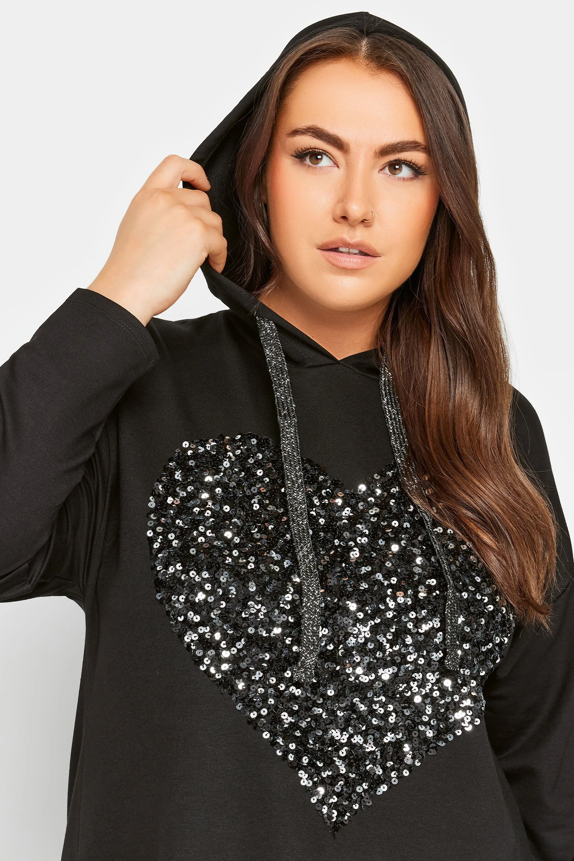 Curve Black Sequin Embellished Heart Longline Hoodie by YOURS