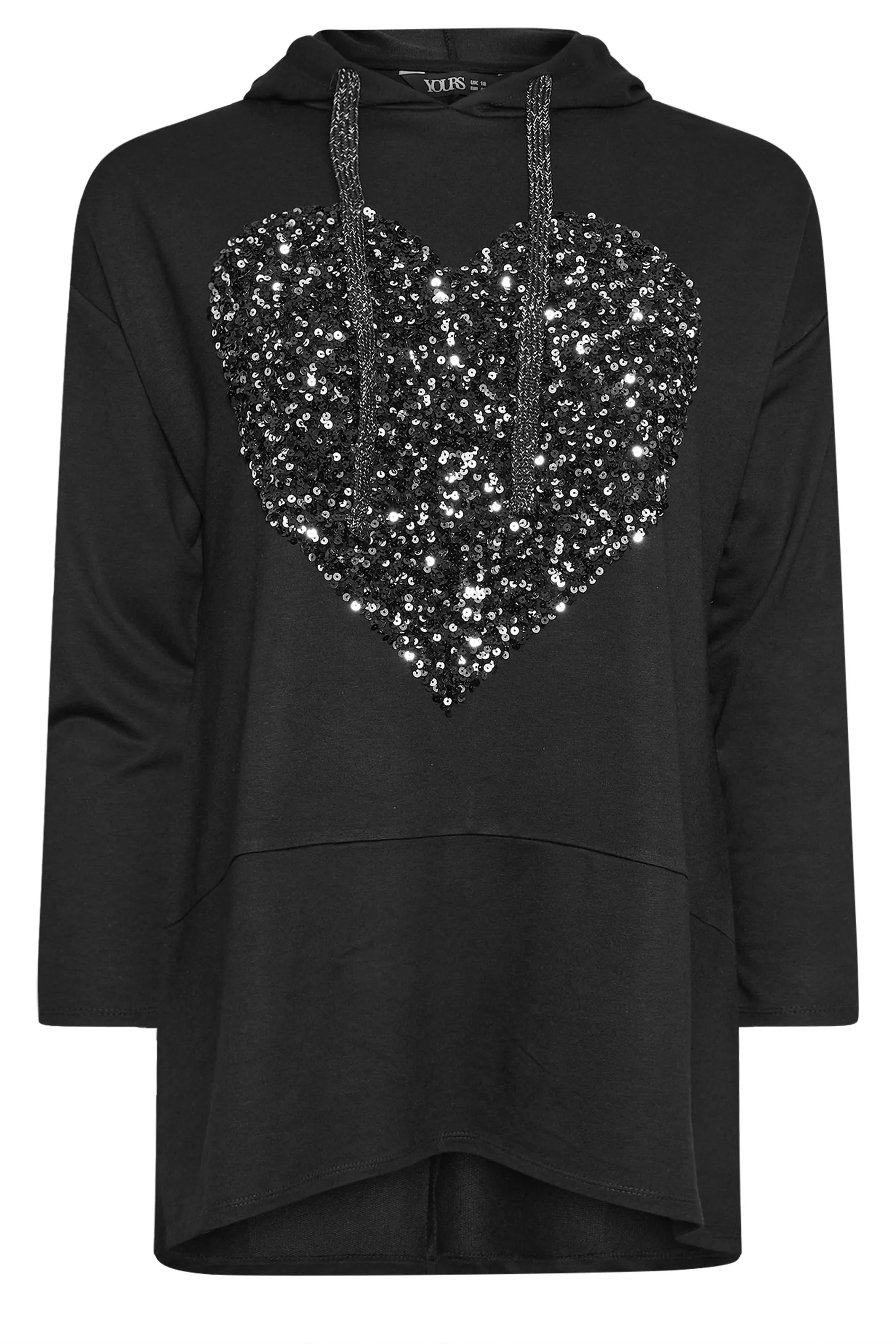 Curve Black Sequin Embellished Heart Longline Hoodie by YOURS